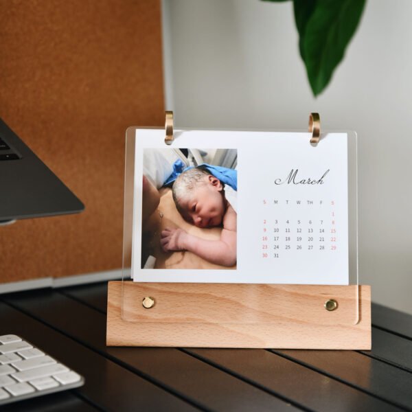 Custom Photo 2025 Calendar with Wooden Stand | Personalized Desk Calendar