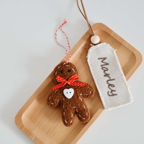 Personalized Embroidered Canvas Name Tags for Kids & Adults | Velvet Stuffed Bunnies & Wool Gingerbread Christmas Decor